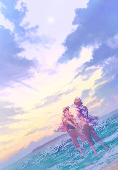 2boys ace_of_diamond baseball_cap beach black_shirt brown_hair brown_shirt capri_pants closed_eyes cloud cloudy_sky collared_shirt commentary_request floral_print hand_in_pocket hat highres holding_hands looking_at_another male_focus miyuki_kazuya multiple_boys ocean open_clothes open_mouth open_shirt pants renorenoko sawamura_eijun shirt short_hair sky smile sunset wading yaoi yellow_sky