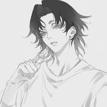 1boy curtained_hair eyeliner forehead granyon greyscale half-closed_eyes highres index_finger_raised kagurabachi looking_at_viewer makeup male_focus monochrome parted_bangs parted_lips playing_with_own_hair shirt short_eyebrows short_hair simple_background solo t-shirt upper_body uruha_youji