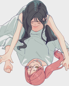 2girls absurdres aji_(eatfishfly) alien_stage black_hair blush clenched_hand closed_eyes downblouse dress glasses grey_background hair_between_eyes highres holding_hands interlocked_fingers looking_at_another lying mizi_(alien_stage) multiple_girls on_back parted_lips pink_hair round_eyewear side_ponytail simple_background single_off_shoulder sleeveless sleeveless_dress three-quarter_sleeves spaghetti_strap sua_(alien_stage) u_u white_dress yellow_eyes yukadon yuri