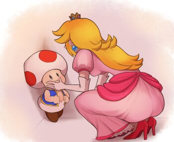 1boy 1girl absurdres ass back black_eyes blonde_hair blue_vest breasts brown_shoes commentary crown dress earrings elbow_gloves from_behind gloves gold_crown high_heels highres jewelry long_hair mario_(series) mushroom_boy mushroom_on_head nintendo p_on_kome pink_dress pink_shoes pointed_crown princess princess_peach puffy_short_sleeves puffy_sleeves shoes short_sleeves sphere_earrings squatting toad_(mario) vest white_gloves