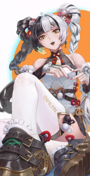 1girl absurdres bare_shoulders black_hair blush braid breasts cherun detached_sleeves dialyn_(zenless_zone_zero) dress heart heart_hands highres medium_breasts multicolored_hair open_mouth solo split-color_hair thighhighs twin_braids white_dress white_hair white_thighhighs yellow_eyes zenless_zone_zero