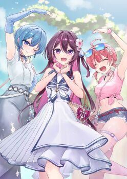 3girls absurdres ahoge azki_(hololive) azki_(holonatsu_paradise)_(hololive) blue_arm_warmers blush brown_hair colored_inner_hair dress eyewear_on_head flower flower_hairpin hair_between_eyes hair_flower hair_ornament happy highres hololive hoshimachi_suisei hoshimachi_suisei_(holonatsu_paradise) long_hair looking_at_viewer momoe_sanami multicolored_hair multiple_girls official_alternate_costume open_mouth pink_shirt purple_eyes sailor_collar sailor_dress sakura_miko sakura_miko_(holonatsu_paradise) shirt sleeveless sleeveless_dress smile standing streaked_hair sunglasses thigh_strap tied_shirt tinted_eyewear virtual_youtuber white_dress