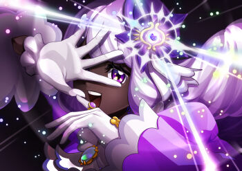 1girl :d absurdres commentary_request dark-skinned_female dark_skin floating_hair glove_bow gloves glowing hands_up highres jacinthe_(pokemon) long_hair long_sleeves nintendo open_mouth pokemon pokemon_legends:_z-a puffy_sleeves purple_eyes sakanamonnsuto smile solo spread_fingers teeth tilted_headwear tongue upper_body upper_teeth_only white_gloves