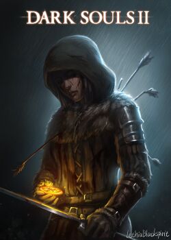 1girl absurdres armor arrow_(projectile) arrow_in_body artist_name artist_self-insert belt blood blood_on_clothes blood_on_face bloody_weapon brown_gloves brown_hair closed_eyes closed_mouth copyright_name cuts dark_souls_(series) dark_souls_ii english_text female_focus fur gloves highres holding holding_sword holding_weapon hood injury original realistic solo sword weapon yuwei_li