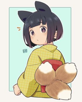 1girl animal_ears black_hair blue_background blush border brown_eyes brown_hair closed_mouth commentary_request cropped_torso floral_print fox_ears fox_girl fox_tail from_behind gradient_hair grey_border japanese_clothes kimono kitsune kukuri_(mawaru) long_sleeves mawaru_(mawaru) multicolored_hair notice_lines obi original sash short_hair solo tail unmoving_pattern upper_body wide_sleeves yellow_kimono