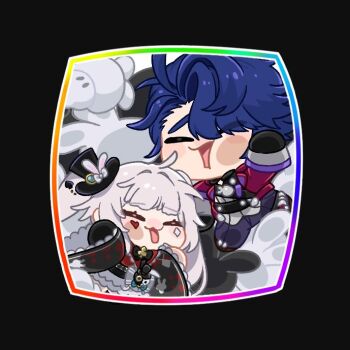 Rule 34 | 1boy, 1girl, against glass, animal ears, argyle clothes, blue hair, blunt bangs, bow, chibi, closed eyes, diamond (shape), diamond facial mark, facial mark, gloves, hashtag-only commentary, hat, heart, heart facial mark, honkai: star rail, honkai (series), jacket, koushingb man, long sleeves, pants, parted bangs, rabbit ears, sampo koski, simple background, sparkle (honkai: star rail), sparxie (honkai: star rail), strap, twintails, white hair