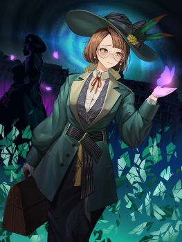 absurdres bag black_skirt black_sky brown_bag brown_hair bug building butterfly closed_mouth collared_shirt cowboy_shot dress eyewear_strap feathers flower furrowed_brow glasses gloves glowing_butterfly green_eyes green_feathers green_hat green_jacket hand_up hat hat_feather hat_flower highres holding holding_bag insect isolde_(reverse:1999) jacket juliet_sleeves kakania_(reverse:1999) long_dress long_hair long_skirt long_sleeves looking_at_hand looking_to_the_side neck_ribbon picture_hat puffy_sleeves purple_butterfly quiet_leitmotif red_ribbon reverse:1999 ribbon round_eyewear semi-rimless_eyewear shards shirt skirt sky solo_focus under-rim_eyewear white_gloves white_shirt yellow_flower