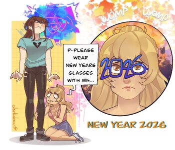 Rule 34 | 2026, 2girls, abstract background, blonde hair, blue shirt, blush, broken heart print, brown hair, brown pants, brown shoes, class of 09, closed eyes, crying, denim, denim shorts, derkdrew124, english text, frown, full body, glasses, hand on another's leg, jeans, jecka (class of 09), looking at viewer, multiple girls, new year, nicole (class of 09), pants, pink shirt, ponytail, portrait, shirt, shoes, short sleeves, shorts, sidelocks, sitting, sleeveless, sleeveless shirt, torn clothes, torn jeans, torn pants, wariza, white background, white shoes, yellow background, yellow eyes