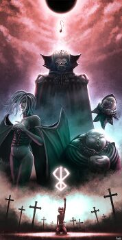 arm_up behelit berserk brand_of_sacrifice cloak cloud cloudy_sky commentary_request conrad_(berserk) cross demon_girl demon_wings eclipse floating griffith_(berserk) highres kneeling nao_(1989gangsta) sky slan_(berserk) solar_eclipse ubik_(berserk) void_(berserk) wings