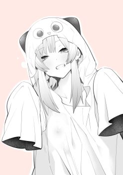 1girl blush breasts collarbone ghost_costume highres looking_at_viewer nipples official_art sawada_kou see-through_clothes sheet_ghost sidelocks simple_background sleeves_past_fingers sleeves_past_wrists smile yumene_connect