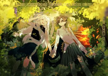 2girls asymmetrical_wings black_dress bone brown_hair closed_eyes closed_mouth commentary_request dress fiery_wings hair_between_eyes half_mask hand_up highres holding_hands iwanaga_ariya leaf long_bangs long_hair long_sleeves looking_at_viewer lying mask multiple_girls on_back parted_lips red_eyes shirt short_hair skeletal_wings skirt sleeveless sleeveless_dress smile teeth touhou tree uninosono upper_teeth_only white_hair white_shirt wings yuiman_asama