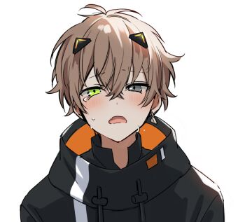 1boy ahoge alban_knox alban_knox_(1st_costume) black_jacket black_shirt blush brown_hair commentary_request crying crying_with_eyes_open frown green_eyes grey_eyes heterochromia high_collar jacket looking_at_viewer male_focus nana72710193 nijisanji nijisanji_en open_mouth shirt short_hair simple_background solo tears virtual_youtuber white_background