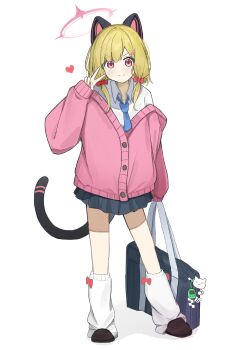 1girl alternate_costume animal_ear_headphones animal_ears bag black_skirt blonde_hair blue_archive blue_necktie bow cardigan cat_tail closed_mouth collared_shirt commentary_request fake_animal_ears free_donut full_body gyaru hair_bow halo headphones heart highres holding holding_bag leg_warmers long_sleeves looking_at_viewer loose_socks momoi_(blue_archive) necktie pink_cardigan pink_eyes pink_halo pleated_skirt red_bow school_bag school_uniform shirt short_hair simple_background skirt smile socks solo tail v white_background white_shirt white_socks