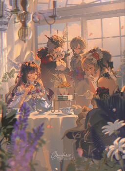4girls :d arlecchino_(genshin_impact) arm_ribbon artist_name black_bow black_eyes black_gloves black_hair black_hands black_mask blonde_hair blue_eyes blue_sky blunt_bangs blurry blurry_foreground bow braid brown_hair bun_with_braided_base cake cake_slice cake_stand cape chandelier chromatic_aberration closed_eyes closed_mouth cloud colored_extremities columbina_(genshin_impact) commentary_request crossed_bangs cup day detached_collar detached_sleeves dress elbow_gloves expressionless eye_mask eyelashes falling_petals feathered_wings flower flower_request food food_on_face food_request fur-trimmed_cape fur_trim genshin_impact gloves gradient_hair grey_jacket hair_between_eyes hair_bow hair_bun hair_intakes hair_ribbon half_mask hand_up hands_up head_wings headdress highres holding holding_cup holding_food indoors jacket light_particles long_hair long_sleeves looking_at_another mask mask_over_one_eye multicolored_hair multiple_girls multiple_wings omces96 one_eye_covered open_mouth petals pointing purple_flower purple_hair red_cape red_pupils ribbon sandrone_(genshin_impact) saucer sidelocks signature signora_(genshin_impact) single_hair_bun sitting sky smile sparkle standing strapless strapless_dress streaked_hair symbol-shaped_pupils table tablecloth teacup teapot twitter_username v-shaped_eyebrows very_long_hair white_bow white_dress white_flower white_gloves white_hair white_headdress white_mask white_ribbon white_sleeves white_wings winding_key window wings x-shaped_pupils
