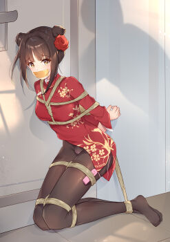 1girl absurdres arms_behind_back bdsm black_hair black_pantyhose bondage bound bound_arms bound_legs bound_torso breasts cafe_stella_to_shinigami_no_chou china_dress chinese_clothes chinese_commentary commentary_request commission crotch_seam double_bun dress eyes_visible_through_hair floral_print floral_print_dress flower full_body furrowed_brow gag gagged hair_between_eyes hair_bun hair_flower hair_ornament highres improvised_gag kneeling kyou_shuka legs long_sleeves looking_at_viewer medium_breasts medium_hair no_shoes official_alternate_costume official_alternate_hairstyle pantyhose print_dress red_dress red_flower rope second-party_source shadow shibari shiki_natsume short_dress solo tape tape_gag thighband_pantyhose thighs vibrator_cord yellow_eyes