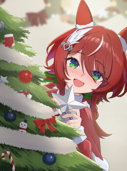 Rule 34 | 1girl, absurdres, animal ears, blush, capelet, christmas, christmas ornaments, christmas tree, commentary request, dress, ear covers, ear ornament, feather hair ornament, feathers, fur-trimmed capelet, fur trim, green eyes, hair between eyes, hair ornament, highres, holding, horse ears, horse girl, long hair, looking at viewer, mugi mg317, open mouth, red capelet, red dress, red hair, santa costume, santa dress, smile, solo, textless version, twintails, umamusume, win variation (umamusume)