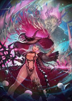 1girl :d asymmetrical_legwear bare_shoulders black_socks blue_hair body_markings boots breasts cape center_opening collarbone contrapposto facial_mark female_focus fire full_body glint gloves glowing groin hair_between_eyes hat head_tilt high_heel_boots high_heels highres hilda_(kuroi_susumu) holding holding_staff horns jewelry kneehighs kuroi_susumu large_breasts leotard long_hair looking_away magic magic_circle necklace off_shoulder open_mouth original pink_eyes revealing_clothes sharp_teeth sidelocks single_kneehigh single_sock single_thighhigh smile socks solo staff summoning teeth thighhighs thighs uneven_legwear white_boots white_hat white_leotard wind wind_lift witch witch_hat