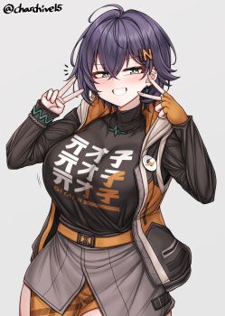 1girl absurdres artist_name belle_(zenless_zone_zero) belt black_shirt blue_hair blush breasts ch_(charchive15) commentary crossed_bangs double_v earrings fingerless_gloves gloves green_eyes hair_between_eyes hair_ornament hands_up highres jacket jewelry large_breasts letter_hair_ornament long_sleeves necklace orange_gloves shirt shirt_tucked_in short_hair simple_background single_fingerless_glove smile solo v white_background zenless_zone_zero