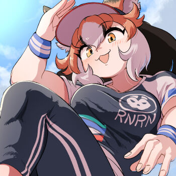 Rule 34 | 1girl, animal ears, black hair, blue sky, blush, breasts, brown eyes, brown hair, culpeo (kemono friends), extra ears, grey hair, hat, highres, jersey, kemono friends, large breasts, long hair, looking at viewer, mcgunngu, multicolored hair, outdoors, shirt, sky, solo, t-shirt, wristband