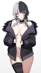 Rule 34 | 1girl, absurdres, black hair, blush, breasts, commentary, daydarion, english commentary, grey hair, hair ornament, highres, hololive, hololive english, jacket, large breasts, looking at viewer, medium hair, multicolored hair, naked jacket, partially visible vulva, shiori novella, smile, split-color hair, two-tone hair, unzipped, virtual youtuber, yellow eyes