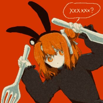 1girl a.i._voice aara_utau adachi_rei alternate_hairstyle animal_ears black_shirt closed_mouth expressionless fake_animal_ears fork hair_bun hair_ribbon hairband hands_up holding holding_fork holding_knife knife long_sleeves looking_at_viewer loveit_(vocaloid) orange_eyes orange_hair oversized_object rabbit_ears red_background ribbon shirt short_hair solo speech_bubble upper_body utau