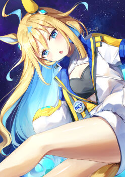 Rule 34 | 1girl, absurdres, ahoge, animal ears, badge, bandeau, black bandeau, blonde hair, blue eyes, blue hair, blush, breasts, button badge, coat, colored inner hair, commentary request, diamond hair ornament, ear covers, ear ornament, hair between eyes, hair ornament, highres, horse ears, horse girl, horse tail, jacket, long hair, long sleeves, looking at viewer, multicolored hair, neo universe (umamusume), neo universe (universe-naut) (umamusume), open mouth, single ear cover, sleeves past fingers, sleeves past wrists, small breasts, solo, space, star (symbol), tail, two-tone hair, umamusume, white coat, yoru usagi