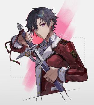 Rule 34 | 1boy, black hair, curtained hair, dress shirt, eiyuu densetsu, hair between eyes, holding, holding sheath, holding sword, holding weapon, jacket, katana, long sleeves, looking at viewer, male focus, necktie, parted bangs, pink background, pommel tassel, purple eyes, rean schwarzer, school uniform, sen no kiseki (series), sen no kiseki i, sheath, shirt, simple background, solo, sword, tassel, thors military academy class vii uniform, two-tone background, unsheathing, upper body, weapon, white background, youmicitrustea