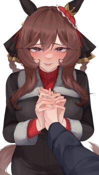 1girl 1other :d absurdres animal_ears black_coat braid braided_hair_rings breasts brown_hair coat commentary english_commentary gentildonna_(umamusume) hair_between_eyes hair_rings highres holding_hands horse_ears horse_girl horse_tail large_breasts long_hair long_sleeves looking_at_viewer open_mouth pov purple_eyes red_sweater smile solo sweater tail teeth umamusume upper_body upper_teeth_only xkittyzx