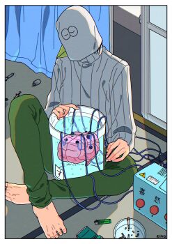 1boy apartment artist_name ashtray barefoot bird_mask border brain cigarette_butt cigarette_pack covered_face crossed_ankles curtains electrodes from_above full_body glass_door green_pants hacchi_(napoli_no_otokotachi) highres indoors knee_up lighter long_sleeves machine male_focus mask napoli_no_otokotachi pants ribbed_sweater sitting sliding_doors solo stasis_tank sweater syringe tatami translation_request white_border white_sweater ziko_(muzikomax)