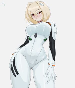 1girl absurdres arcueid_brunestud ayanami_rei ayanami_rei_(cosplay) blonde_hair blush bodysuit breasts cosplay full_body gluteal_fold hair_between_eyes hand_on_own_hip hand_on_own_thigh highres huge_breasts looking_at_self mecha_pilot_suit neon_genesis_evangelion plugsuit_(evangelion) red_eyes short_hair sugoiiii thighhighs tsukihime underboob white_bodysuit wide_hips