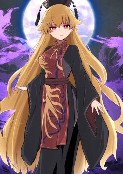 1girl absurdres beads belt black_dress black_hat black_sky bodystocking breasts brown_belt chinese_clothes closed_mouth commentary_request cowboy_shot crescent crescent_print dalachi_(headdress) dress energy fingernails full_moon hair_between_eyes hat highres junko_(touhou) large_breasts legacy_of_lunatic_kingdom long_hair long_sleeves looking_at_viewer mandarin_collar moon nail_polish neck_ribbon night orange_hair outdoors phoenix_print pink_eyes pink_nails red_tabard revision ribbon sky solo standing tabard tassel tooya0130 touhou wavy_hair wide_sleeves yellow_ribbon