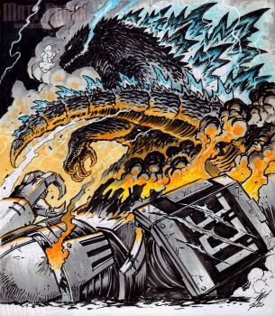 absurdres after_battle artist_name aura black_scales breath breath_weapon broken burning claws dust_cloud electricity fire giant giant_monster glowing glowing_spines godzilla godzilla_(series) highres kaiju matt_frank mecha politics robot scratches smoke spines united_states_immigration_and_customs_enforcement