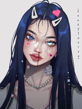 1girl aegyo_sal artist_name asian bandaid bandaid_on_neck blood blue_eyes blue_hair closed_mouth collarbone ear_piercing eyelashes forehead gauze_on_neck grey_shirt hair_ornament hair_over_shoulder hairpin heart heart_hair_ornament heart_sticker heterochromia highres jewelry long_hair looking_at_viewer mole mole_on_cheek mole_on_chest mole_on_collarbone mole_on_forehead mole_on_neck multiple_hairpins necklace nosebleed original parted_bangs pearl_necklace piercing pink_lips portrait shirt simple_background sticker sticker_on_face straight_hair thick_eyebrows thick_lips umi_(zeebythesea) v-neck white_background zeebythesea