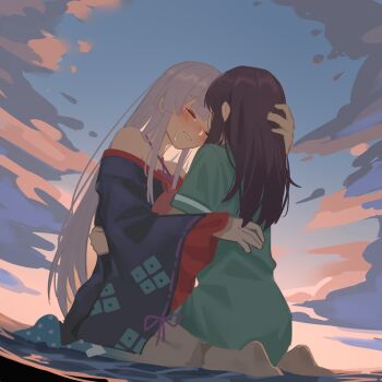 2girls bare_shoulders blush cho_kaguya-hime! closed_eyes cloud commentary_request crying dusk green_shirt hand_on_another's_back hand_on_another's_head japanese_clothes kimono long_hair long_sleeves milktea_(gggrrr2000) multiple_girls off_shoulder outdoors purple_hair runami_yachiyo sakayori_iroha shirt short_sleeves sitting smile streaming_tears tears wariza white_hair yuri