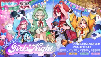 4girls ahoge animal_ears animal_hood blue_fire bobby_(elizabeth_rose_bloodflame) breasts cecilia_immergreen cecilia_immergreen_(1st_costume) chattino_(raora_panthera) cleavage colored_inner_hair elizabeth_rose_bloodflame elizabeth_rose_bloodflame_(1st_costume) fire gigi_murin gigi_murin_(1st_costume) green_eyes green_hair grey_hair holojustice hololive hololive_english hood long_hair multicolored_hair multiple_girls official_alternate_costume official_art otomo_(cecilia_immergreen) panther_ears panther_girl pink_hair raora_panthera raora_panthera_(artist) red_eyes red_hair streaked_hair virtual_youtuber yellow_eyes
