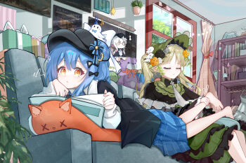 Rule 34 | 2girls, absurdly detailed composition, absurdres, ankle grab, banbanban li, barefoot, black capelet, black hat, blue hair, book, bookshelf, box, calendar (object), capelet, checkered clothes, checkered skirt, closed eyes, commentary request, dress, frilled dress, frills, full body, gift, gift box, green hair, green hat, hair between eyes, hat, highres, holding, holding book, loaded interior, long hair, lying, mahou shoujo no majo saiban, medium hair, multiple girls, on person, on stomach, orange eyes, plant, poster (object), potted plant, skirt, stuffed animal, stuffed cat, stuffed toy, tachibana sherry, teddy bear, tono hanna, twintails, victorian, window
