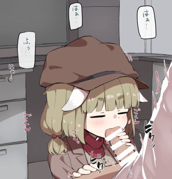 1boy 1girl bar_censor blue_archive blush brown_coat brown_headwear newsboy_cap censored closed_eyes coat commentary_request commission facing_another fellatio green_hair green_shirt hair_bobbles hair_ornament hat hetero highres implied_ejaculation kuragesensei long_sleeves low_twintails medium_hair oral penis penis_grab red_scarf scarf shirt short_eyebrows skeb_commission solo_focus sound_effects speech_bubble thick_eyebrows tongue twintails v-shaped_eyebrows yakumo_(blue_archive)