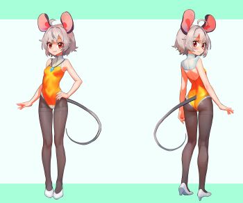 1girl absurdres ahoge animal_ears ass blush breasts brown_pantyhose closed_mouth commentary commission english_commentary full_body grey_hair hand_on_own_hip high_heels highres jewelry large_variant_set leotard looking_at_viewer mouse_ears mouse_girl mouse_tail multiple_views nazrin necklace open_mouth orange_leotard pantyhose pendant red_eyes second-party_source shoes short_hair small_breasts smile tail thighband_pantyhose touhou tsukiyono_aroe variant_set white_shoes