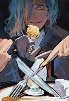 1boy 1girl black_suit blonde_hair couple egg fork formal_clothes full_body hair_over_one_eye hetero highres holding holding_knife knife kromer_(project_moon) limbus_company long_sleeves looking_at_viewer open_mouth project_moon short_hair sinclair_(project_moon) suit upper_body waffle_fish white_hair yellow_eyes yellow_nails