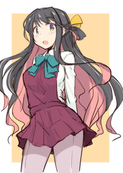 1girl arms_behind_back black_hair blush border bow breasts collared_shirt colored_inner_hair commentary_request cowboy_shot dress fang grey_pantyhose hair_between_eyes hair_bow kantai_collection kugui_kiyunemu long_hair long_sidelocks long_sleeves looking_at_viewer medium_breasts multicolored_eyes multicolored_hair naganami_(kancolle) open_mouth outside_border pantyhose pink_hair pleated_dress purple_eyes red_dress shirt short_dress sidelocks simple_background sketch solo standing two-tone_eyes very_long_hair white_border white_shirt yellow_background yellow_bow yellow_eyes