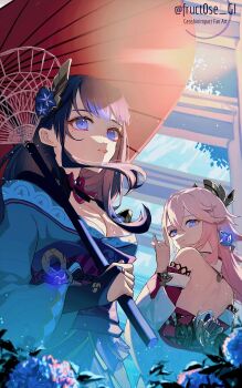 absurdres animal_ears artist_name back bare_shoulders blunt_bangs blurry breasts bridal_gauntlets cleavage commentary depth_of_field detached_sleeves flower fox_ears fox_girl from_behind fruct0se_fa genshin_impact glowing hair_ornament headpiece highres holding holding_umbrella indoors japanese_clothes kimono light_particles long_sleeves looking_to_the_side looking_up medium_breasts mole mole_under_eye neck_ribbon off_shoulder oil-paper_umbrella outdoors pink_hair purple_eyes purple_hair purple_kimono raiden_shogun red_ribbon red_sash ribbon sash shade umbrella wide_sleeves yae_miko