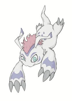 antennae chimerzec claws digimon digimon_(creature) gomamon green_eyes highres no_humans red_hair short_hair simple_background solo tail white_background white_fur