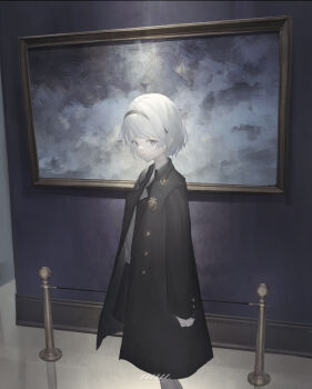 Rule 34 | 1girl, absurdres, arms at sides, art gallery, black coat, black hairband, black skirt, buttons, coat, collared coat, commentary, feet out of frame, from side, hair intakes, hairband, highres, indoors, long sleeves, looking at viewer, miniskirt, open clothes, open coat, original, painting (object), parted lips, reflective floor, revision, shirt, short hair, sidelocks, skirt, solo, stanchion, standing, watermark, white eyes, white hair, white shirt, yuzu (yuzusuke10)