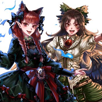2girls :d animal_ears arm_up belt black_boots black_bow black_wings boots bow braid brown_belt brown_hair cape cat_ears center_frills collared_shirt commentary_request dress dress_bow earrings extra_ears fangs feathered_wings frilled_bow frilled_shirt_collar frilled_skirt frills green_bow green_dress green_skirt hair_bow highres jewelry kaenbyou_rin kuya_(hey36253625) long_hair long_sleeves looking_at_viewer multiple_earrings multiple_girls open_mouth outstretched_arm puffy_short_sleeves puffy_sleeves red_bow red_eyes red_hair reiuji_utsuho shirt short_sleeves simple_background skirt smile starry_sky_print third_eye touhou twin_braids v-shaped_eyebrows white_background white_shirt wings