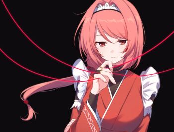 1girl black_background closed_mouth frilled_kimono frills hair_intakes hand_up japanese_clothes jewelry kimono light_smile long_hair long_sleeves looking_at_viewer low_ponytail maid maid_headdress mikami_(nemu_mohu) pink_hair ponytail re:zero_kara_hajimeru_isekai_seikatsu red_eyes red_kimono ring smile solo string string_of_fate swept_bangs upper_body wa_maid wide_sleeves yae_tenzen