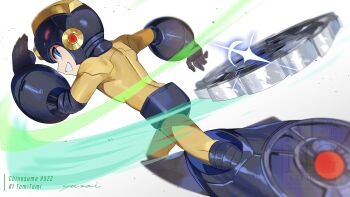 Rule 34 | 1boy, absurdres, arm held back, from behind, highres, looking at viewer, male focus, mega man (character), mega man (classic), mega man (series), parted lips, saw blade, simple background, smirk, solo, white background, yasaikakiage