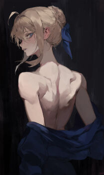 absurdres artoria_pendragon_(fate) blonde_hair blue_ribbon blue_robe braid braided_bun bun_with_braided_base fate/grand_order fate/stay_night fate_(series) green_eyes hair_bun hair_ribbon highres jacket ribbon robe topless_female yone_?_(yone_fatesealed)