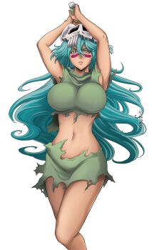 1girl bleach breasts espada facial_mark female_focus green_hair holding holding_sword holding_weapon hollow_mask ivizard_art93 large_breasts long_hair looking_at_viewer mask mask_on_head navel nelliel_tu_odelschwanck scar scar_on_face simple_background skull_on_head stomach sword weapon white_background