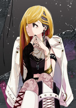absurdres black_nails blonde_hair bracelet chain closed_mouth colored_inner_hair commentary_request earrings eyelashes facial_mark fishnets fujimoto_rina grey_eyes highres idolmaster idolmaster_cinderella_girls idolmaster_cinderella_girls_starlight_stage jacket jacket_on_shoulders jewelry kumatsuki_(no-kirin) long_hair multicolored_hair multiple_bracelets multiple_rings nail_polish necklace own_hands_together red_hair ring single_sleeve sitting undercut white_jacket