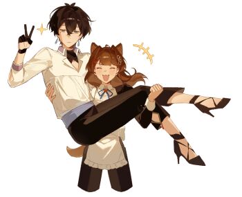 +++ 1boy 1girl :3 :| ^_^ ahoge animal_ears antenna_hair apron arm_up belt black_gloves black_hair black_neckerchief black_pants black_shirt black_shoes blue_belt blue_eyes blue_ribbon blunt_bangs brooch brown_hair closed_eyes closed_mouth cocoa_(shinyshynii) collar commentary cowboy_shot crossed_bangs double-parted_bangs english_commentary floating_hair gloves hair_between_eyes hair_intakes high_heels highres jewelry long_sleeves medium_hair messy_hair mole mole_under_eye neck_ribbon neckerchief open_mouth original pants raven_(shinyshynii) reverse_princess_carry ribbon shinyshynii shirt shoes short_hair simple_background smile sparkle tail unamused v v-shaped_eyebrows white_apron white_background white_collar white_shirt white_wrist_cuffs wolf_ears wolf_girl wolf_tail wrist_cuffs